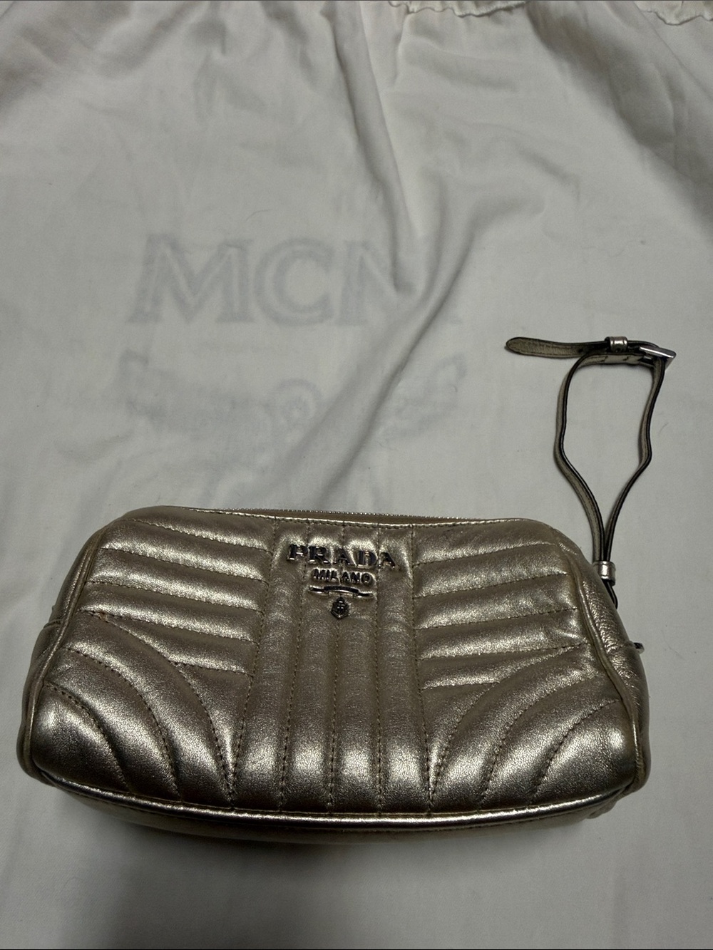 Prada Metallic Quilted Wristlet - Silver